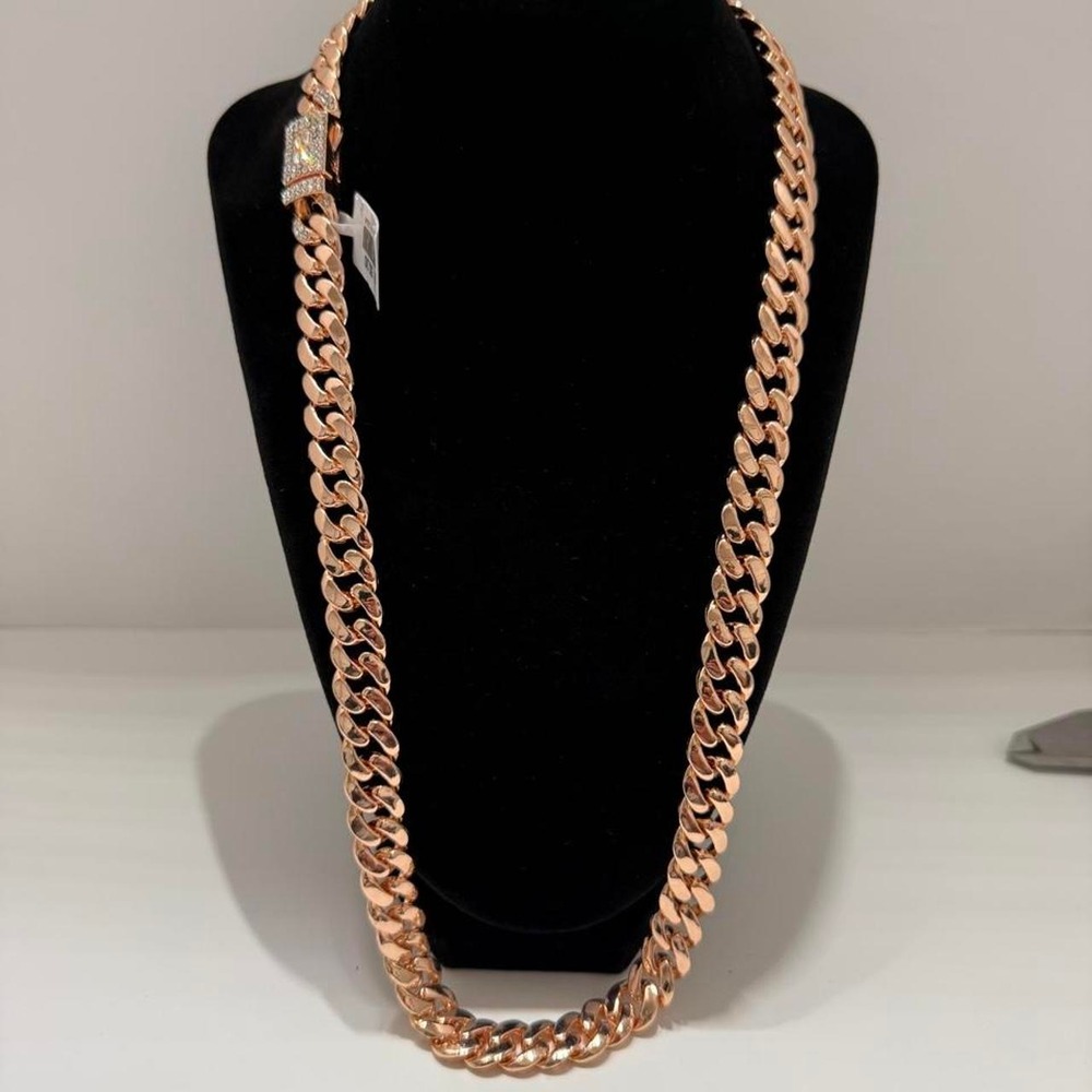 cuban chain rose gold over stainless steel iced out box lock 26 inch 13mm
